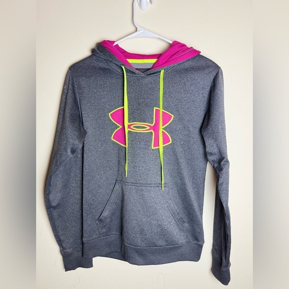 Under Armour Tops - Under Armour UA Storm Hoodie Womens XS Gray Pink Neon Yellow Pullover Sweatshirt